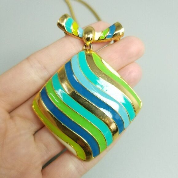 Vintage Blue Green Enamel Square Large Pendant Necklace, Gold Tone Setting - Picture 7 of 7